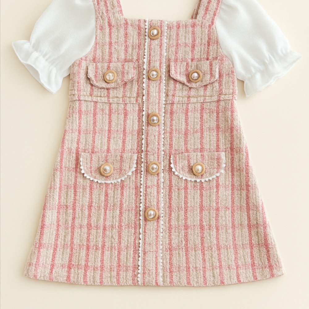 Pink and White Plaid Kids  Dress with Button Details